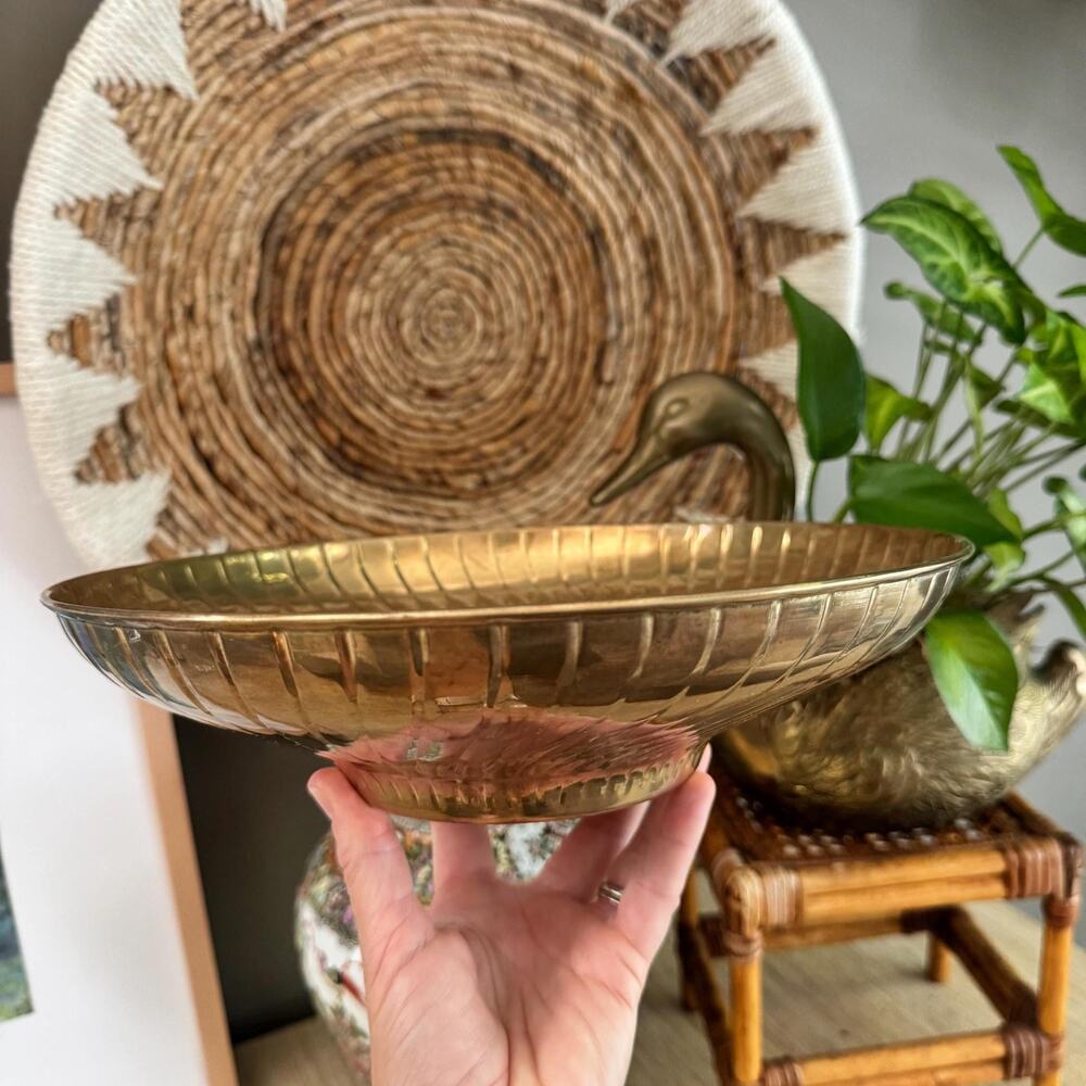 Vintage Waccamaw Brass Copper Scalloped Pedestal Bowl - Cottagecore Boho Decor